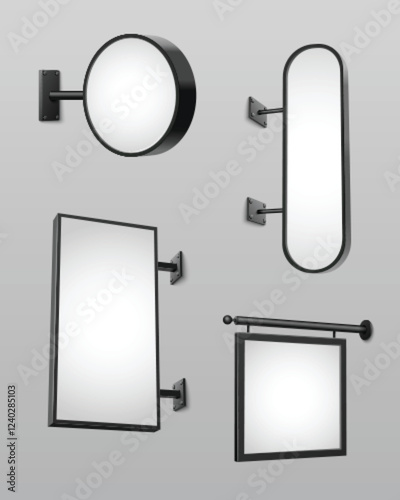 Signage mockup collection with modern black frames - round illuminated lightbox, capsule display, vertical rectangular board and square panel. Wall mounted templates for retail storefront branding.