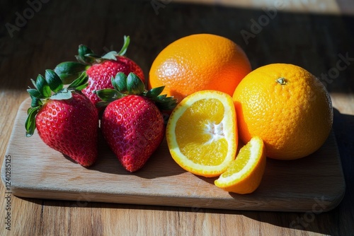 Fresh strawberries and oranges arranged on a wooden board under natural light...