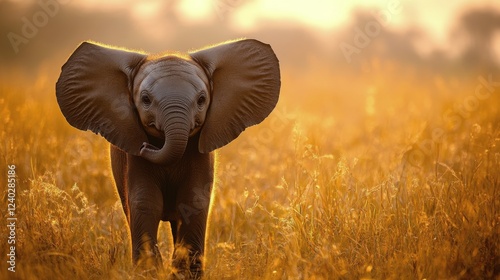 Baby elephant walking through golden grass during sunset at a wildlife reserv...