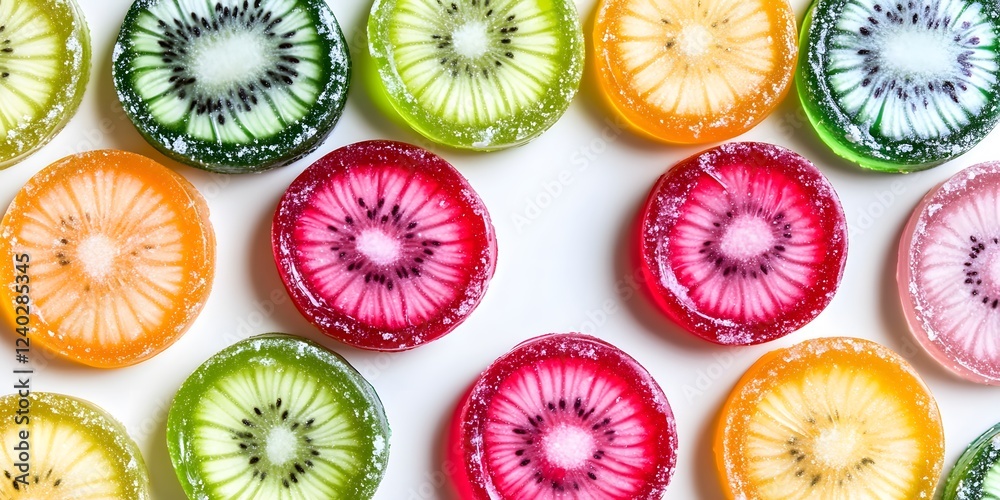 Colorful Kiwi Candy Slices, Flatlay of Sweet Fruit Candies Colorful Kiwi Candy Slices, Flatlay of Sweet Fruit Candies