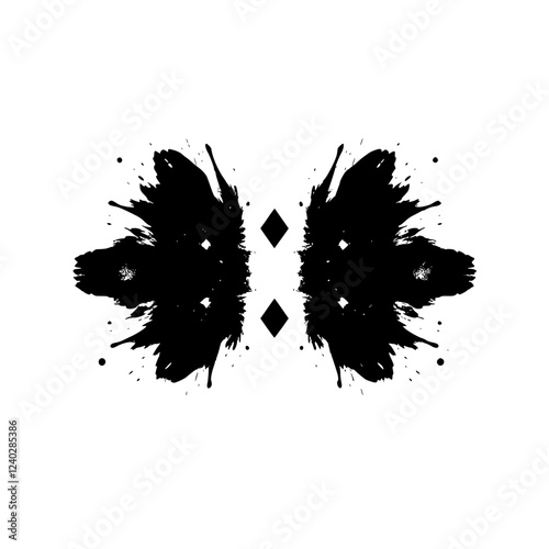 Rorschach Inkblot: A Black and White Abstract Symmetrical Ink Painting. Exploring the Depths of the Subconscious Mind through Visual Perception and Psychological Interpretation.