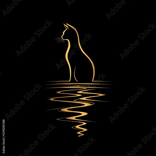 Golden cat line drawing on black background, generative AI illustration