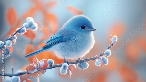 Small blue bird perched on a flower branch in a serene natural setting during...
