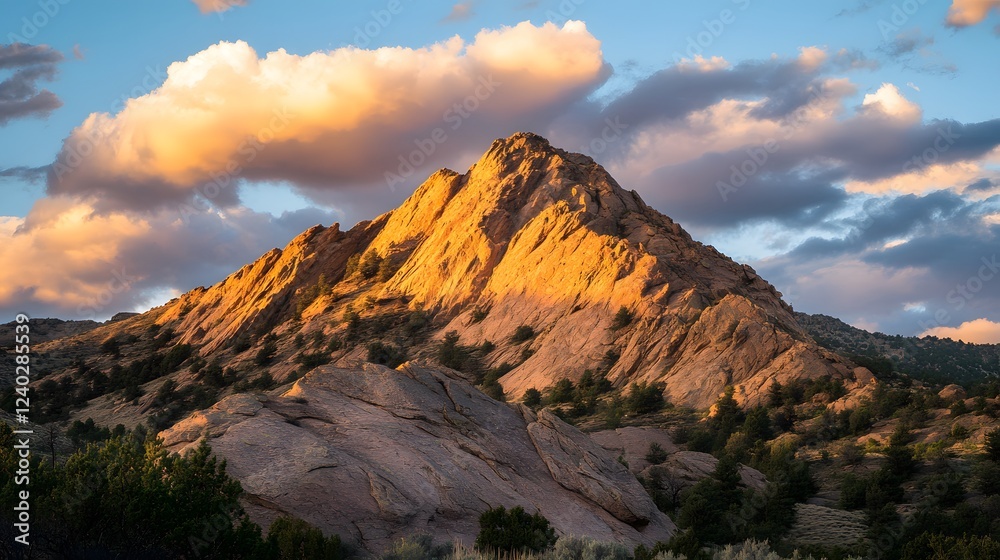 Obraz premium Majestic mountain peak during golden hour, rugged terrain highlighted by warm sunlight, ideal for nature-themed designs.