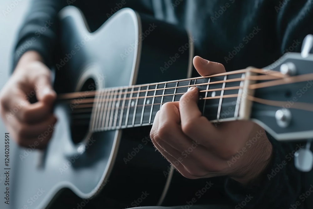Fototapeta premium Close-up of hands playing an acoustic guitar with a blurred background. Music creation and practice concept