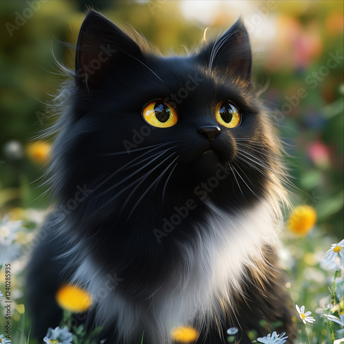 Cute cat picture on a bright day, generative AI illustration