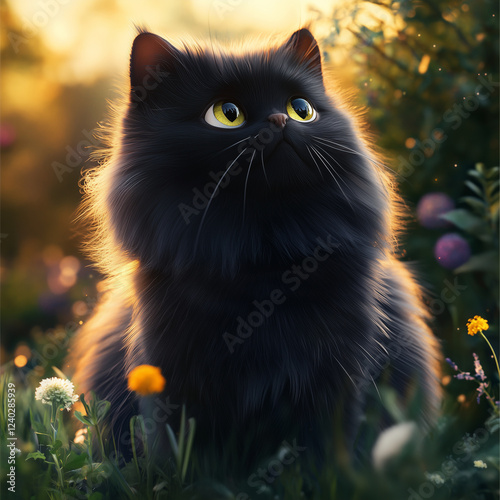 Cute cat picture on a bright day, generative AI illustration