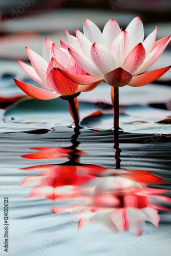 Lotus flowers reflecting on serene water surface