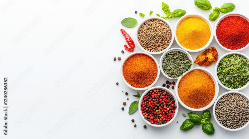 Colorful spices arranged on white background. Food photography for recipe blogs, cookbooks Colorful spices arranged on white background. Food photography for recipe blogs, cookbooks