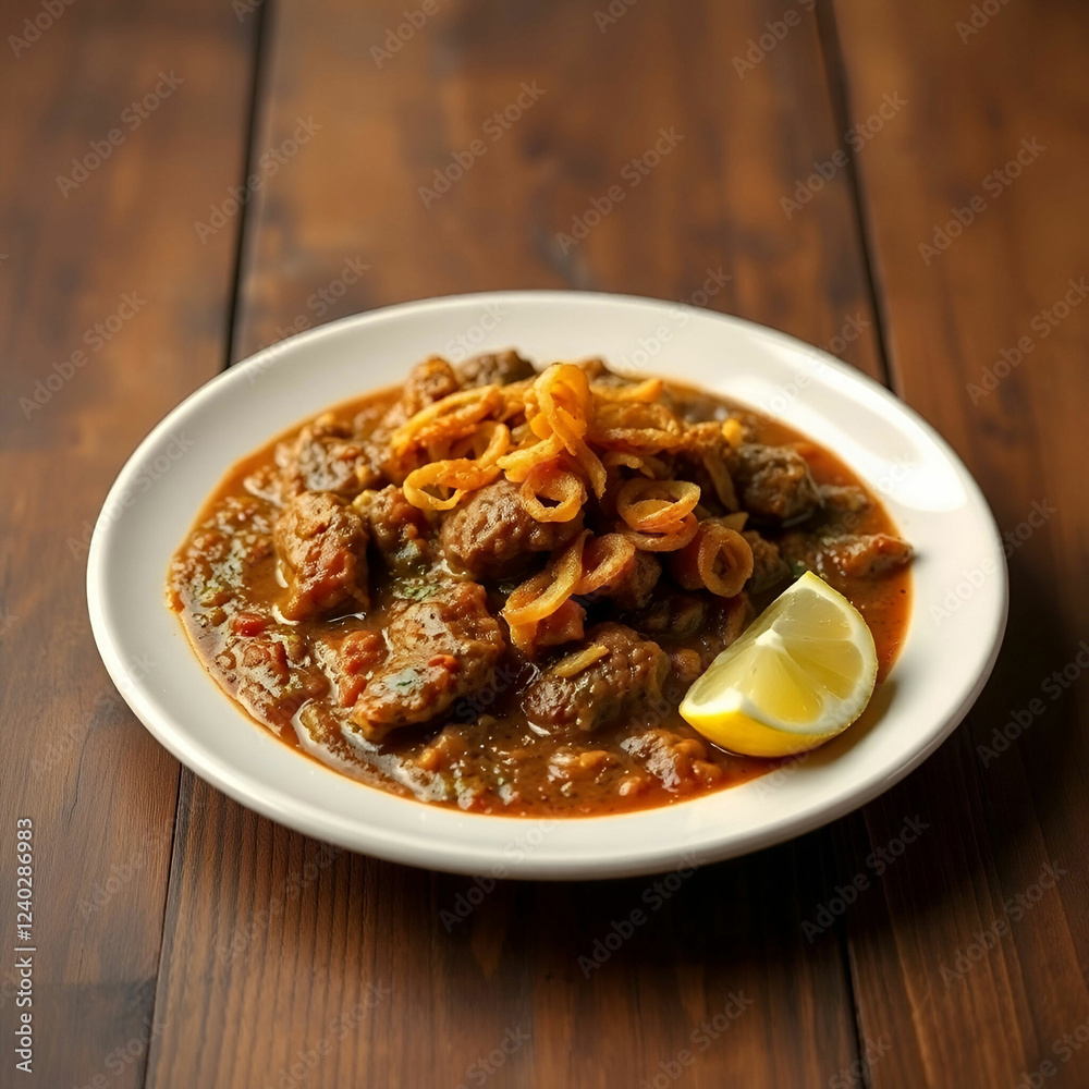 Flavorful Delight Chicken Haleem Garnished with Fried Onion and Lemon Flavorful Delight Chicken Haleem Garnished with Fried Onion and Lemon