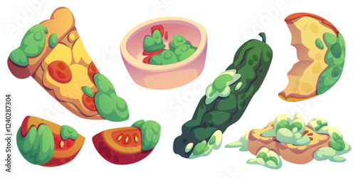 Rotten food collection with moldy pizza slice, spoiled tomato halves, sauce covered in fungus, decaying cucumber, bitten apple with green decomposition spots. Cartoon deteriorated meal items.