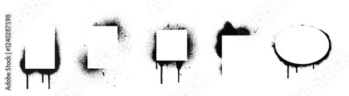 Graffiti stencil frames with black spray paint drips and scattered dots - monochrome geometric shapes collection with rectangular and oval borders. Urban street art elements for modern design.