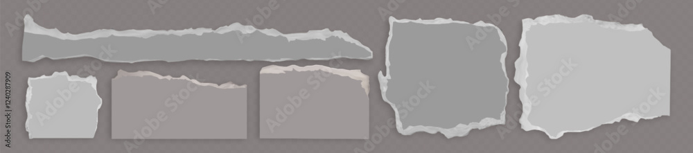 Torn paper pieces set isolated on transparent background. Vector realistic illustration of abstract shape ripped blank notes with ragged edges, destroyed notebook sheet, book page, letter or newspaper