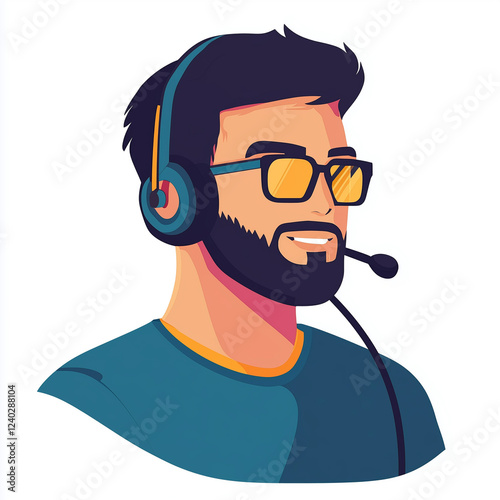 digital illustration of man with glasses and headset, smiling confidently. He represents modern customer service representative or gamer