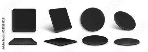 Black drink coaster set - round and square shapes from different angles. Top flat position, tilted view, side perspective on white surface. Minimal dark beverage mat design for product presentation.