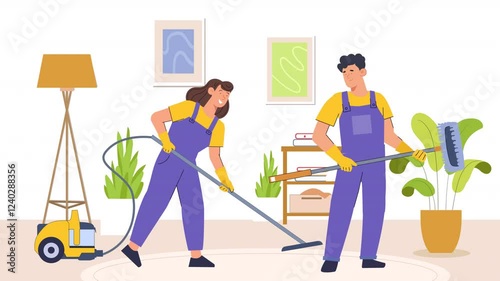 Flat scene animation depicting housekeeping services, showing characters cleaning, tidying up, and performing other housekeeping tasks in various settings.