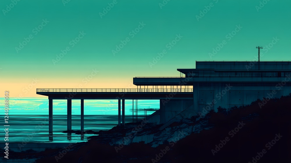Obraz premium Oceanside Minimalist Architecture at Sunset Teal and Turquoise Hues