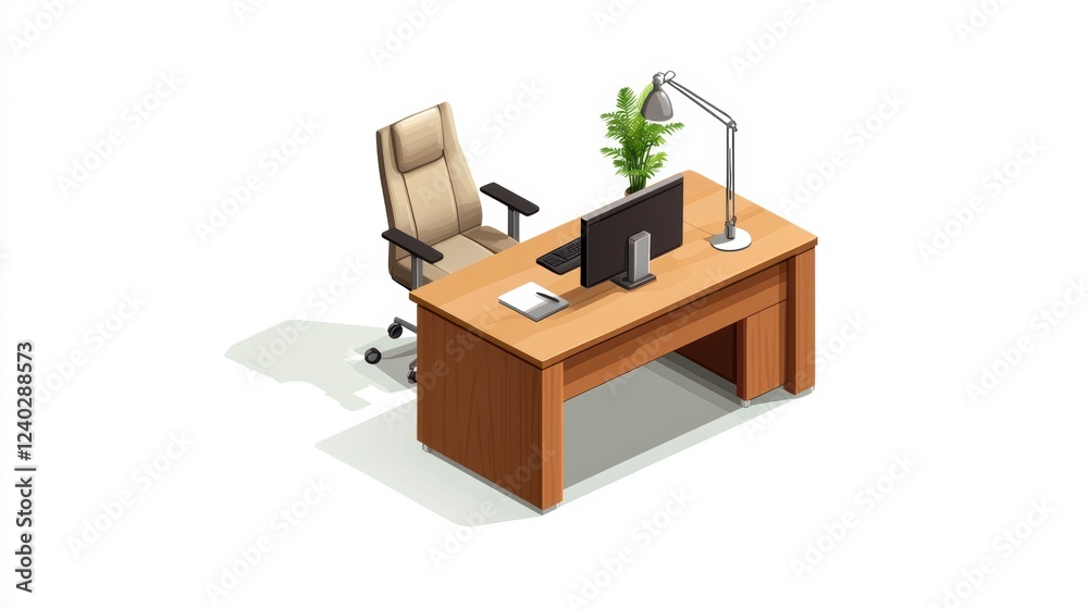 A serene and productive workspace, desk with computer plant for enhanced focus A serene and productive workspace, desk with computer plant for enhanced focus
