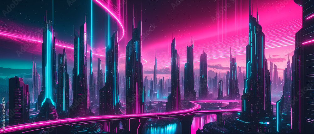Obraz premium A futuristic city under a mesmerizing neon aurora, reflecting the vibrant light