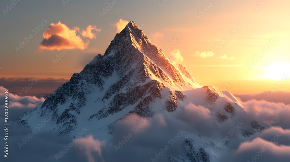 Obraz premium Majestic mountain peak at sunrise, towering snow-capped summit above soft clouds, tranquil and inspiring natural landscape.