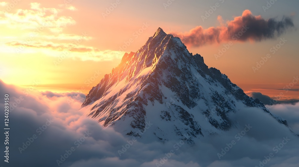 Obraz premium Majestic snow-capped mountain at sunrise, vibrant colors illuminating peaks, tranquil atmosphere, perfect for nature themes.