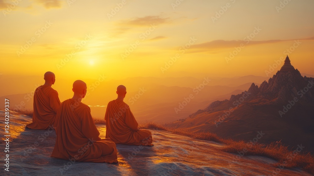 Three monks meditate on a cliff at sunset, their silhouettes glowing in the golden horizon, embodying peace and spiritual ascent. Three monks meditate on a cliff at sunset, their silhouettes glowing in the golden horizon, embodying peace and spiritual ascent.