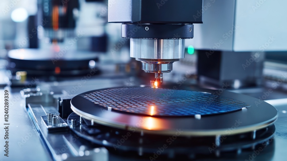 A detailed view of a semiconductor wafer being processed in a high-tech manufacturing facility. A detailed view of a semiconductor wafer being processed in a high-tech manufacturing facility.