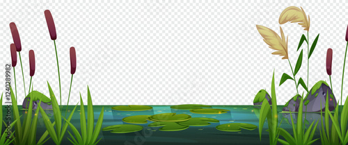 Cartoon wetland border with lily pads floating on dirty water - marsh landscape decorated with brown cattails, green reeds, gray stones with moss. Natural swamp environment scene for game background.