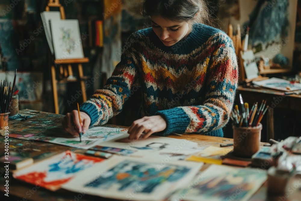 Fototapeta premium A young woman in a cozy sweater meticulously paints a watercolor landscape in her art studio.