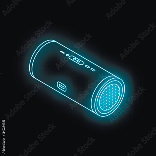 Futuristic glowing portable wireless speaker radiating a cool blue neon light