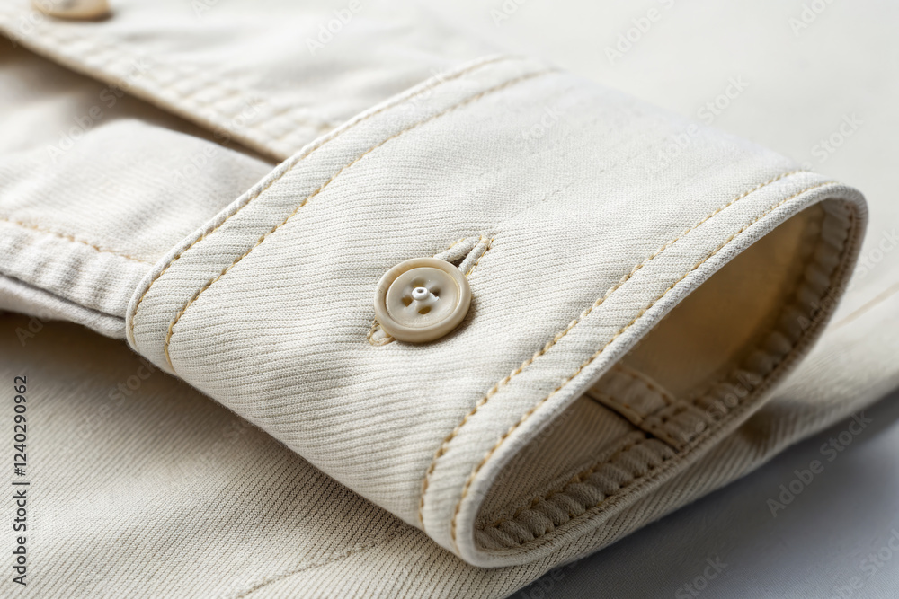Close up of crisp cotton shirt sleeve with button detail and fabric texture Close up of crisp cotton shirt sleeve with button detail and fabric texture