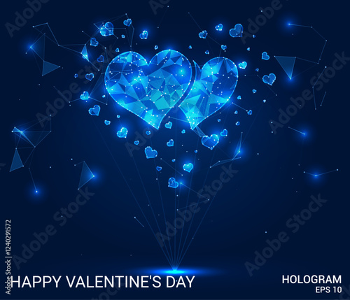 The hologram "Happy Valentine's Day". The hologram of hearts consists of polygons, triangles, dots and lines. The "Happy Valentine's Day" hologram is a low-poly composite structure. Vector