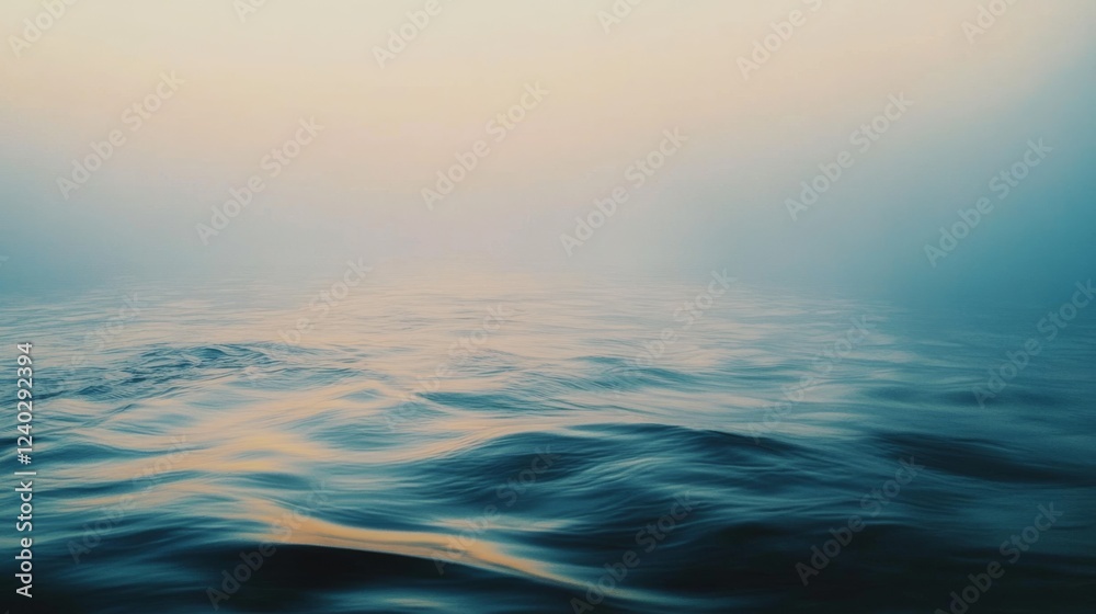Fototapeta premium Hazy horizon merges with calm sea, capturing tranquility through the soft dance of ripples beneath a pastel sky.