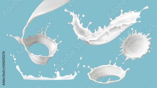 3D milk splashes set isolated on background. Vector realistic illustration of white paint, cream wave, yogurt swirl with flying milky drops, skincare cosmetic lotion, protein milkshake texture