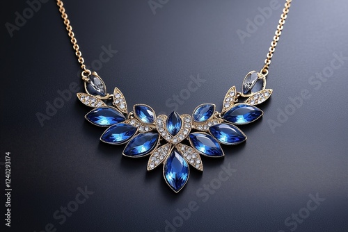 Golden necklace with vibrant blue gemstones on a black background. evening elegance and fine jewelry design. photo