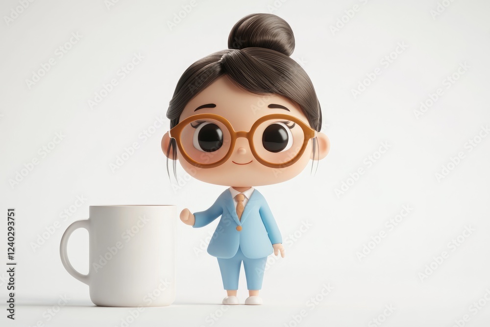 Cute cartoon businesswoman in a blue suit presents a blank mug on a white background. Cute cartoon businesswoman in a blue suit presents a blank mug on a white background.
