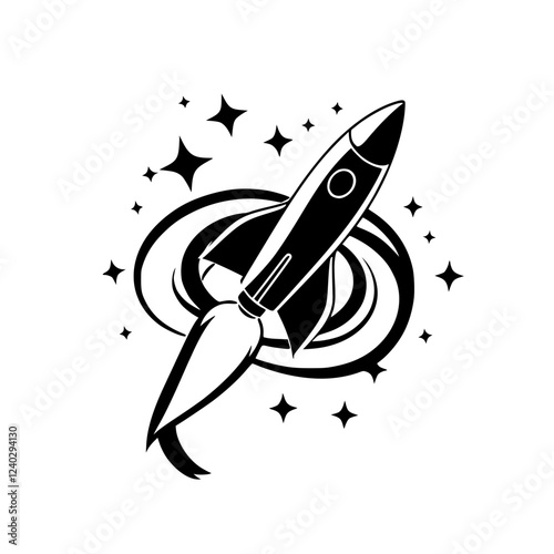 Rocket Launch into the Cosmos: A Black and White Vector Graphic Depicting Space Exploration and the Wonders of the Universe