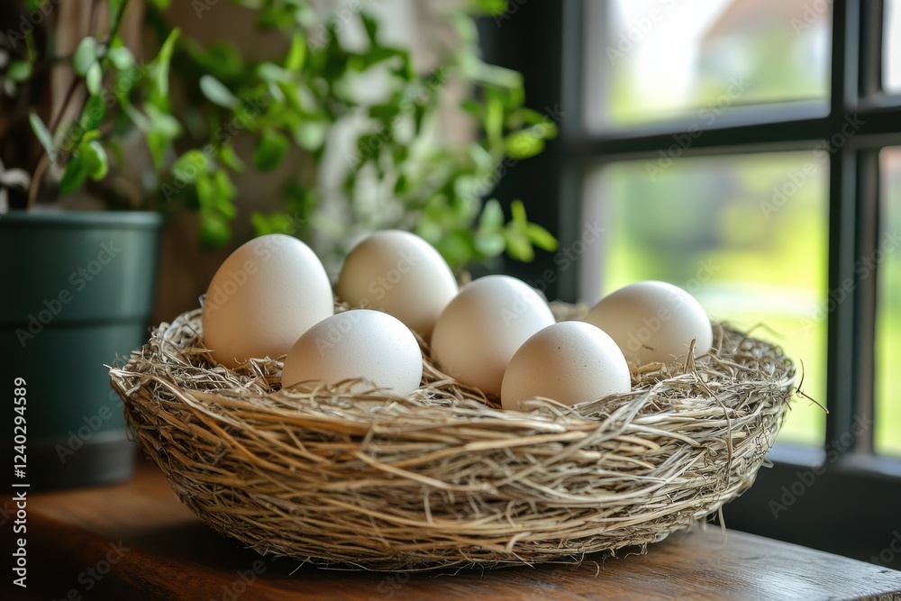 Rustic Basket of Eggs by a Sunny Window with Greenery Background Rustic Basket of Eggs by a Sunny Window with Greenery Background