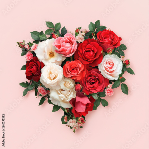 heart shaped arrangement of vibrant roses various colors, symbolizing love and beauty. This floral display features red, pink, and white roses surrounded by lush green leaves, creating romantic