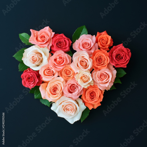 heart shaped arrangement of colorful roses, showcasing various shades of pink, red, and white, surrounded by green leaves, evokes feelings of love and beauty