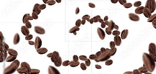 Coffee beans flying spiral pattern on white background - scattered roasted grains in curved dynamic composition. Aromatic beverage ingredients banner design for packaging or promotional materials.