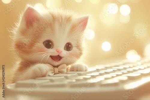 An adorable fluffy kitten with a bow tie sits at a keyboard, seemingly working. photo