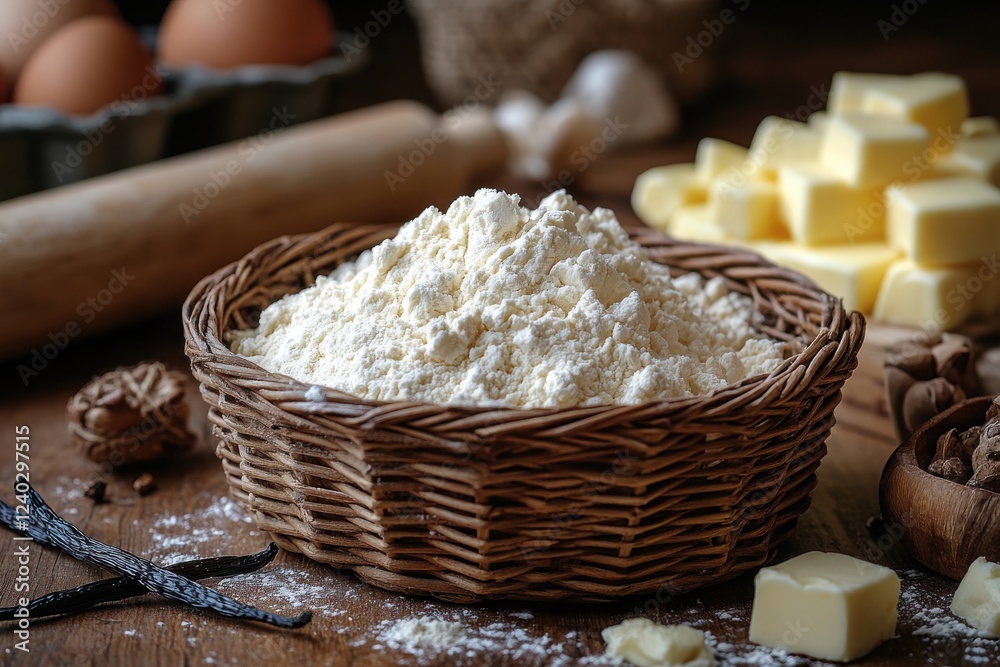 Fototapeta premium Rustic Baking Ingredients on Wooden Table with Wicker Basket and Essentials