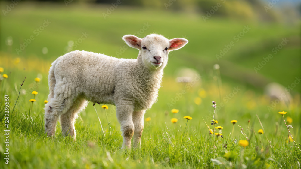 Adorable fluffy lamb in green field with flowers, evoking spring joy Adorable fluffy lamb in green field with flowers, evoking spring joy
