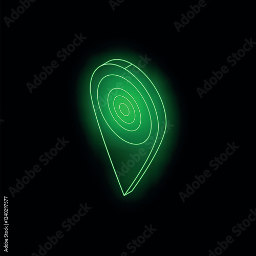 Futuristic glowing green location pin indicating target on black background