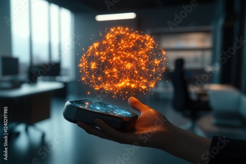 A complex neural network represented as a glowing 3D hologram projected from a sleek device held by a person in a minimalist futuristic office.