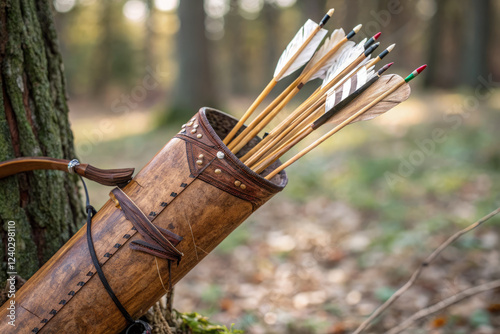 Ancient wooden quiver full of arrows, hunting gear for archery enthusiasts