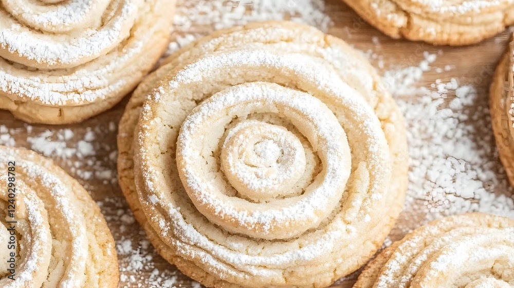 Fototapeta premium Delicious Swirl Sugar Cookies, Powdered Sugar, Sweet Treats, Baked Goods, Closeup
