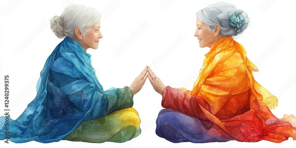 Fototapeta premium Harmony and connection between elderly women in colorful shawls. Catholic Sisters Week