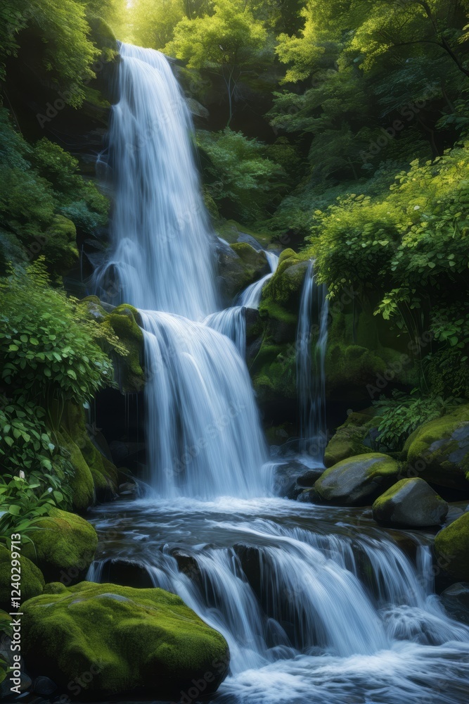 waterfall in the middle of a forest with mossy rocks and trees waterfall in the middle of a forest with mossy rocks and trees